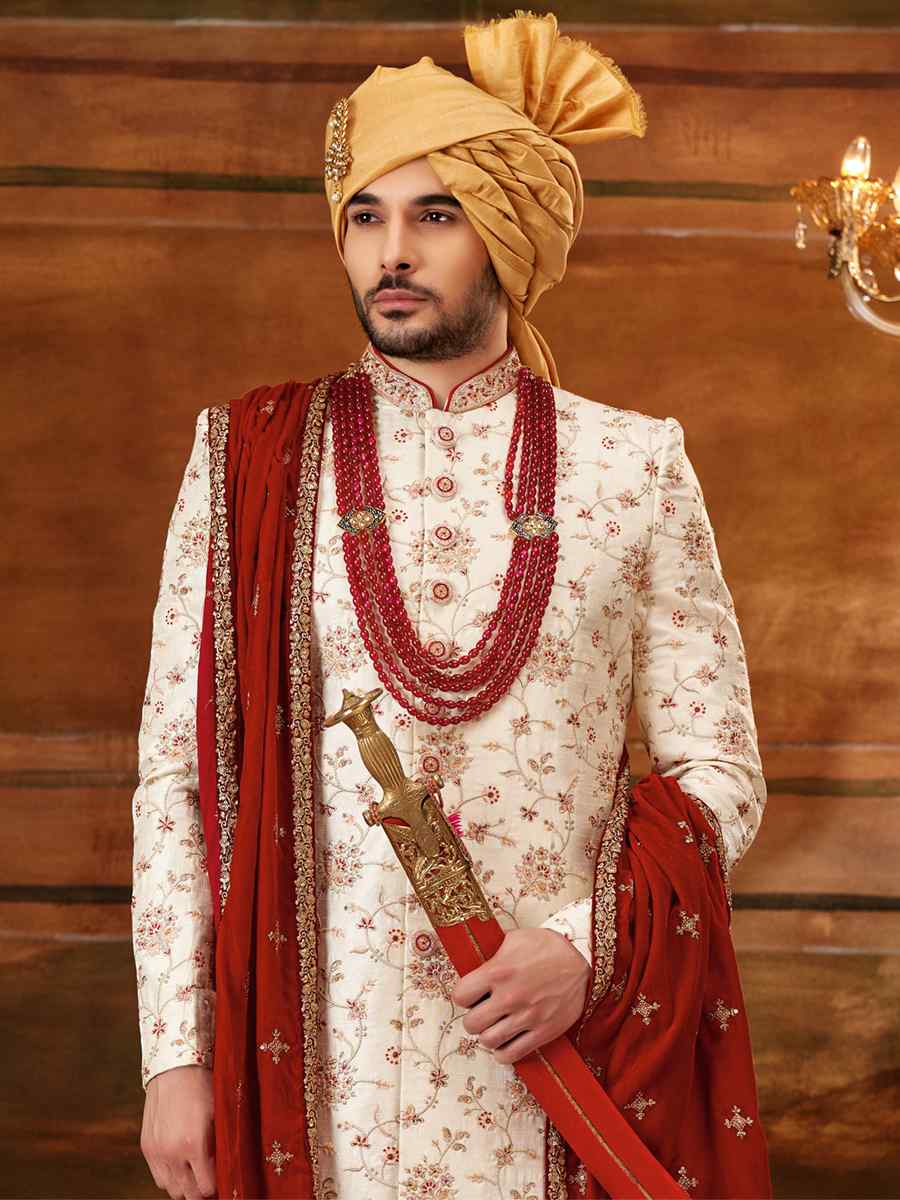 Off-White Art Silk Embroidered Wedding Groom Sherwani