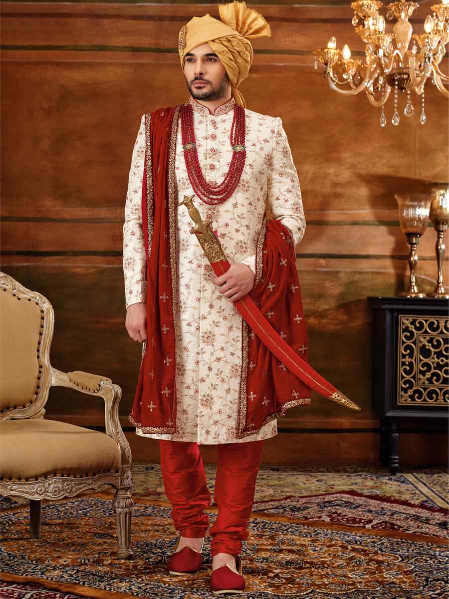 Off-White Art Silk Embroidered Wedding Groom Sherwani