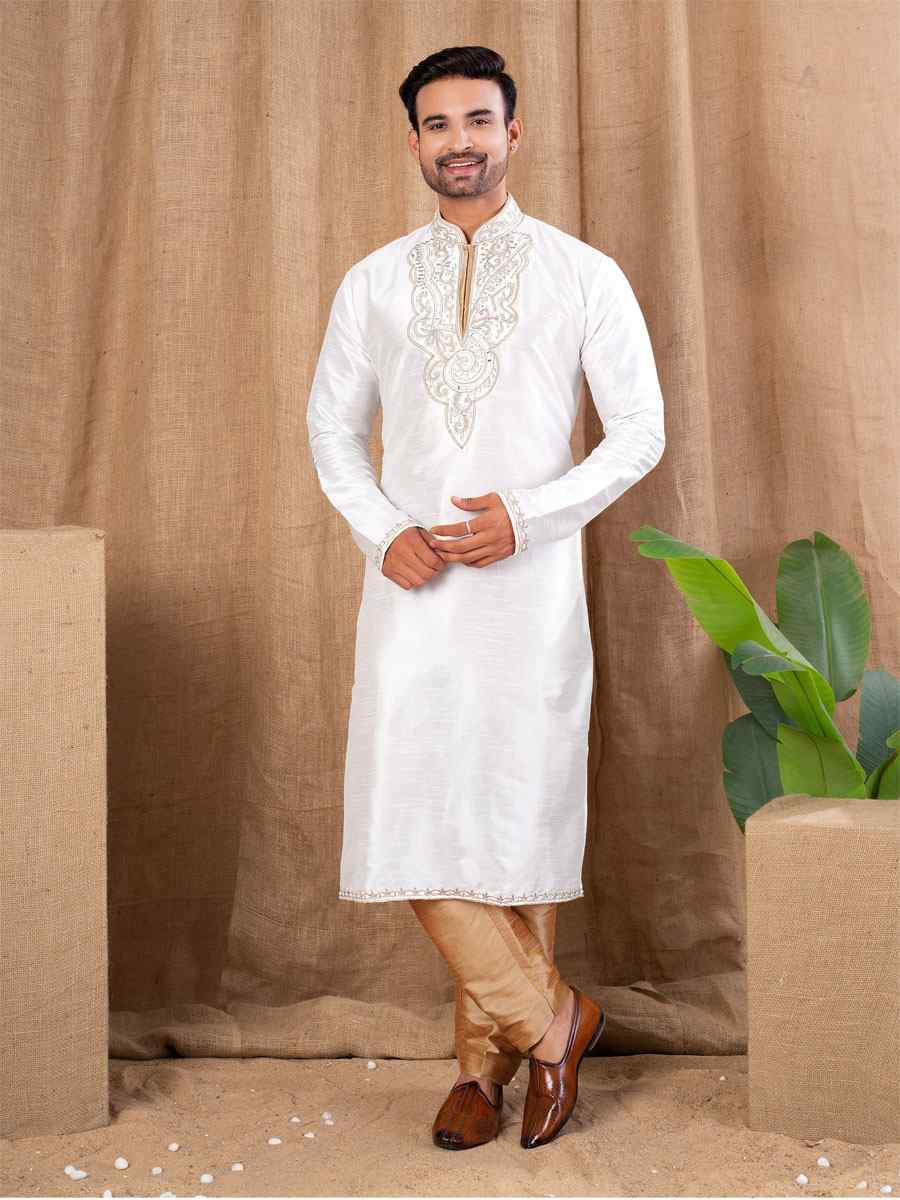 Off White Art Silk Embroidery Festival Wedding Party Mens Kurta