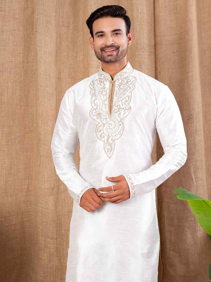 Off White Art Silk Embroidery Festival Wedding Party Mens Kurta
