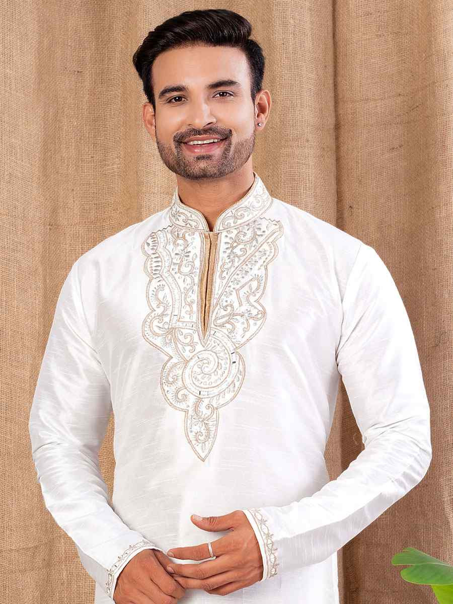 Off White Art Silk Embroidery Festival Wedding Party Mens Kurta