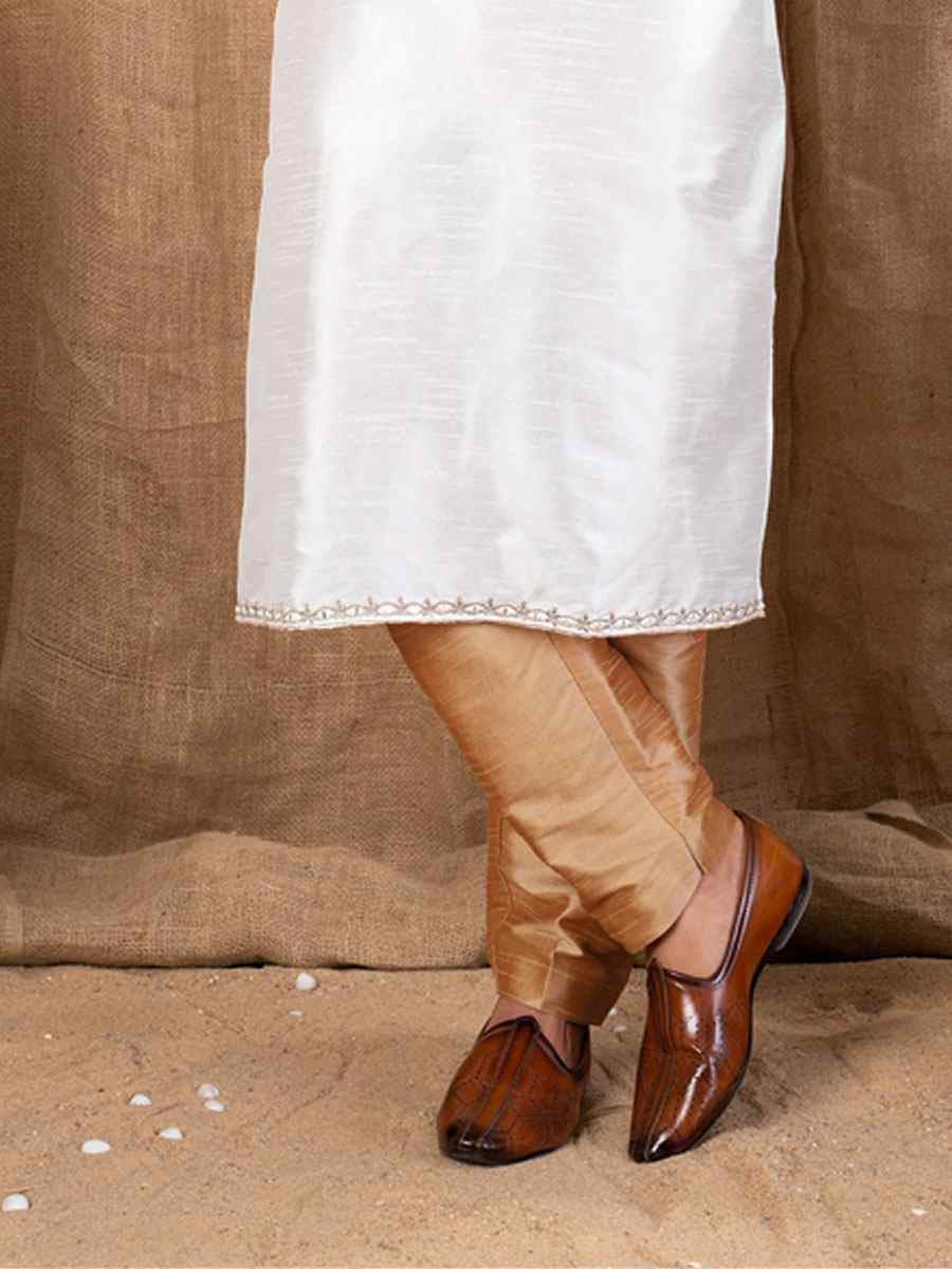 Off White Art Silk Embroidery Festival Wedding Party Mens Kurta