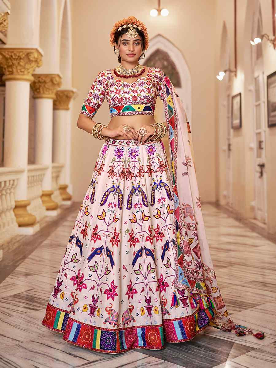 Off-White Art Silk Printed And Hand Embroidered Party Reception Wedding Lehenga Choli