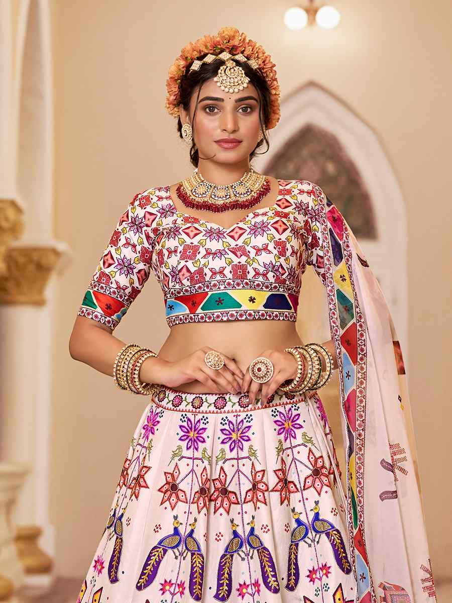 Off-White Art Silk Printed And Hand Embroidered Party Reception Wedding Lehenga Choli