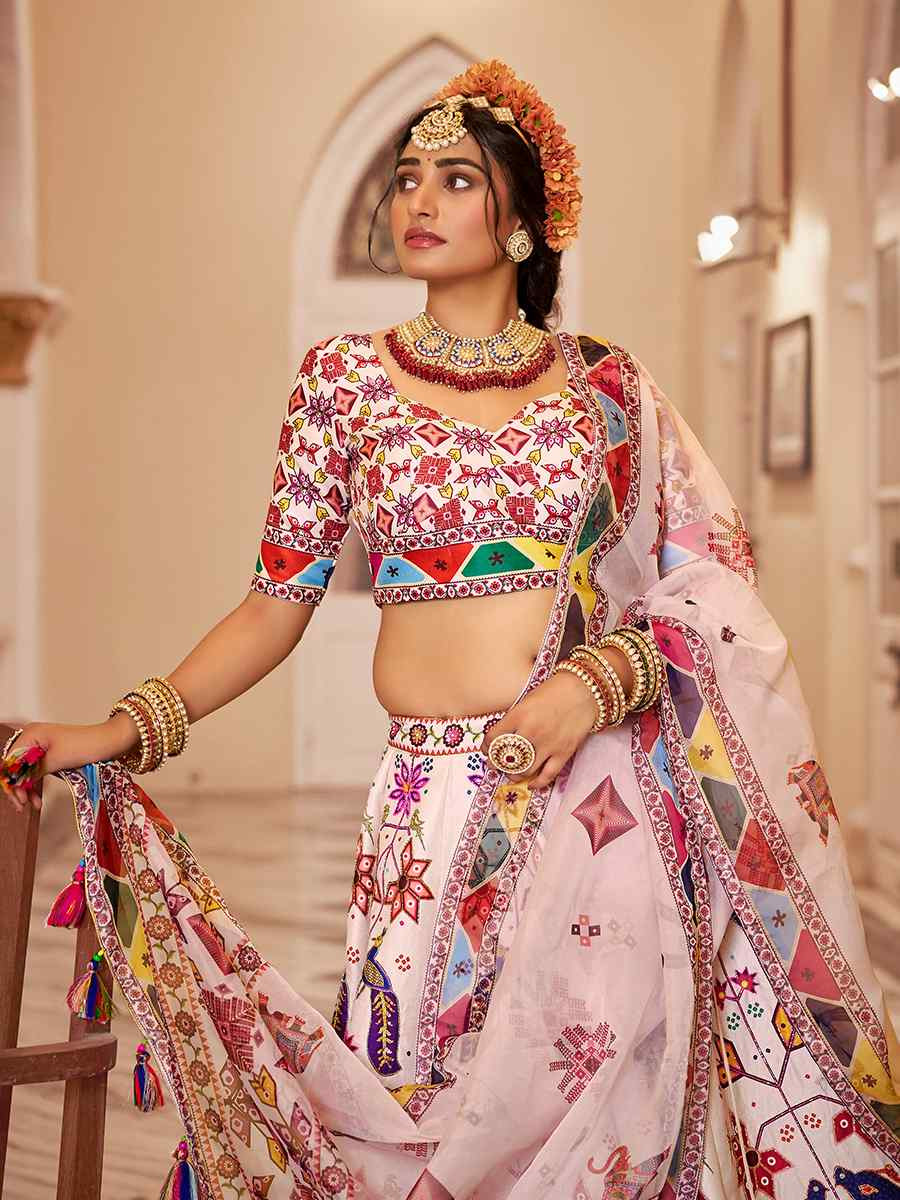 Off-White Art Silk Printed And Hand Embroidered Party Reception Wedding Lehenga Choli