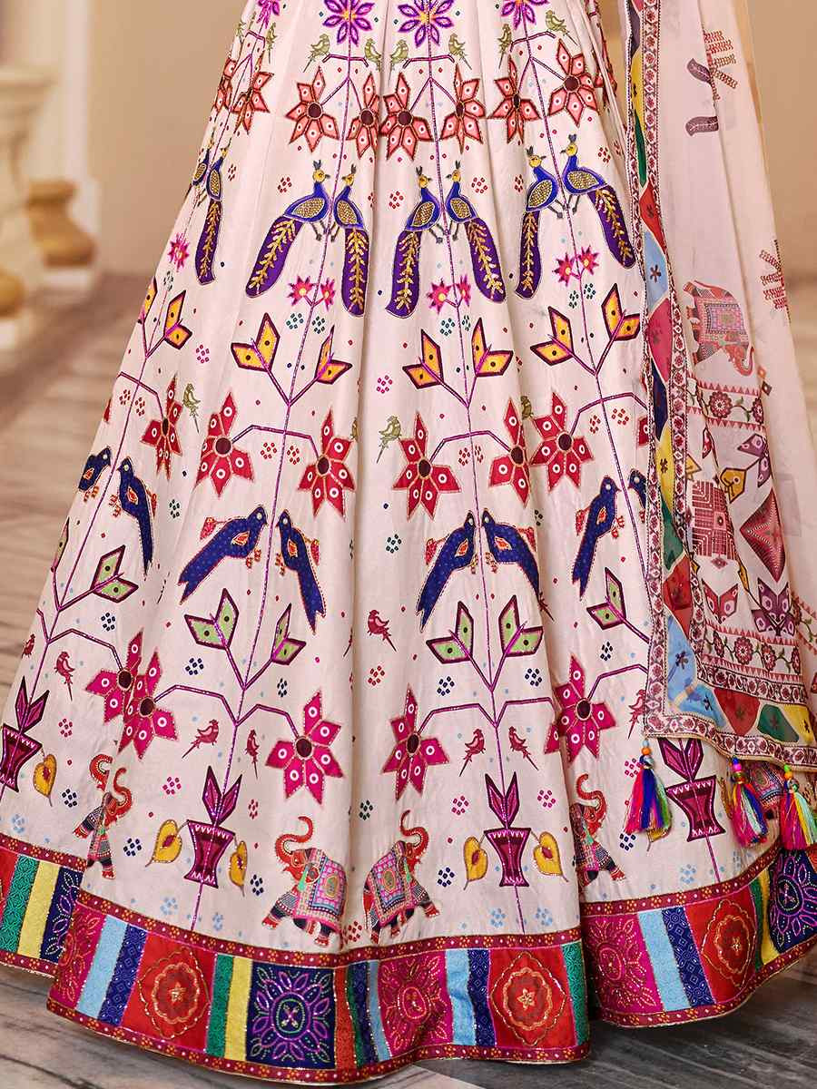 Off-White Art Silk Printed And Hand Embroidered Party Reception Wedding Lehenga Choli