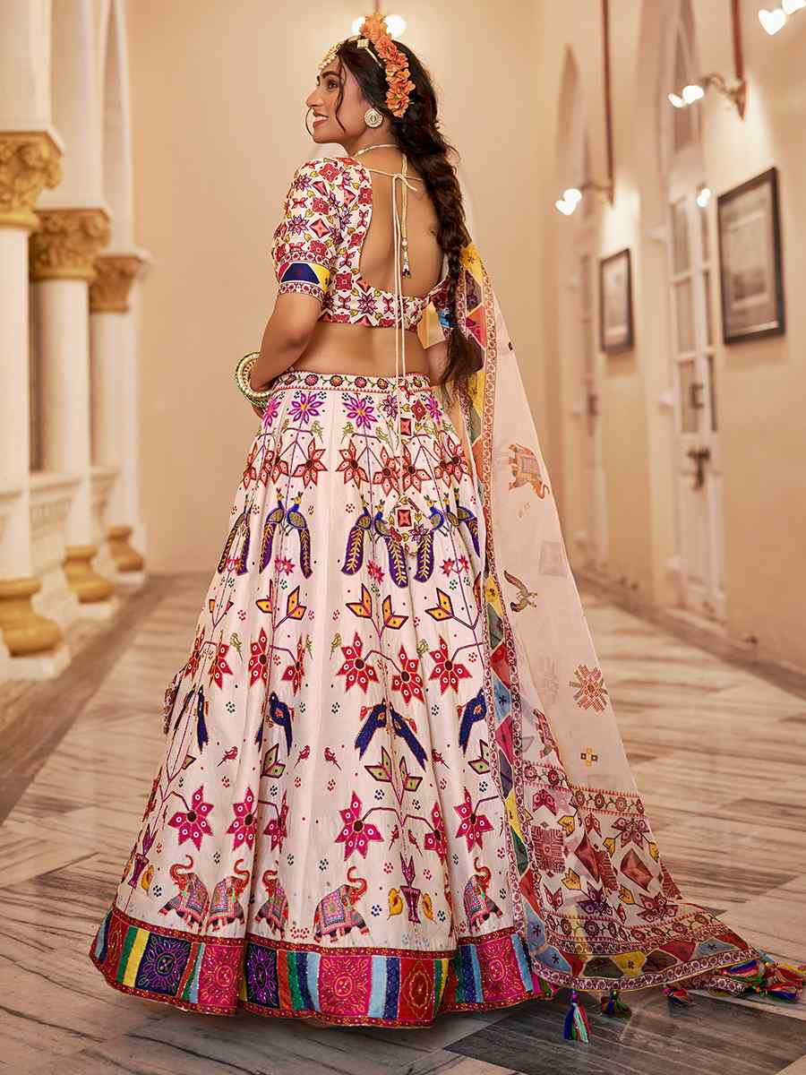 Off-White Art Silk Printed And Hand Embroidered Party Reception Wedding Lehenga Choli