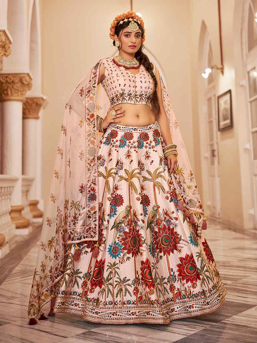 Off-White Art Silk Printed And Hand Embroidered Party Reception Wedding Lehenga Choli