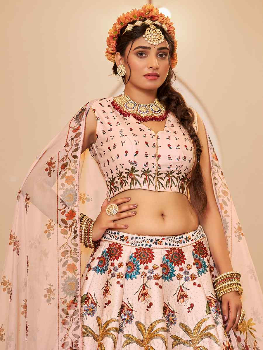 Off-White Art Silk Printed And Hand Embroidered Party Reception Wedding Lehenga Choli