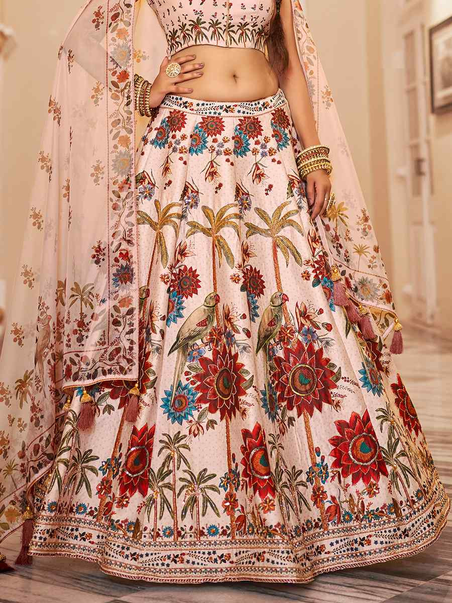 Off-White Art Silk Printed And Hand Embroidered Party Reception Wedding Lehenga Choli