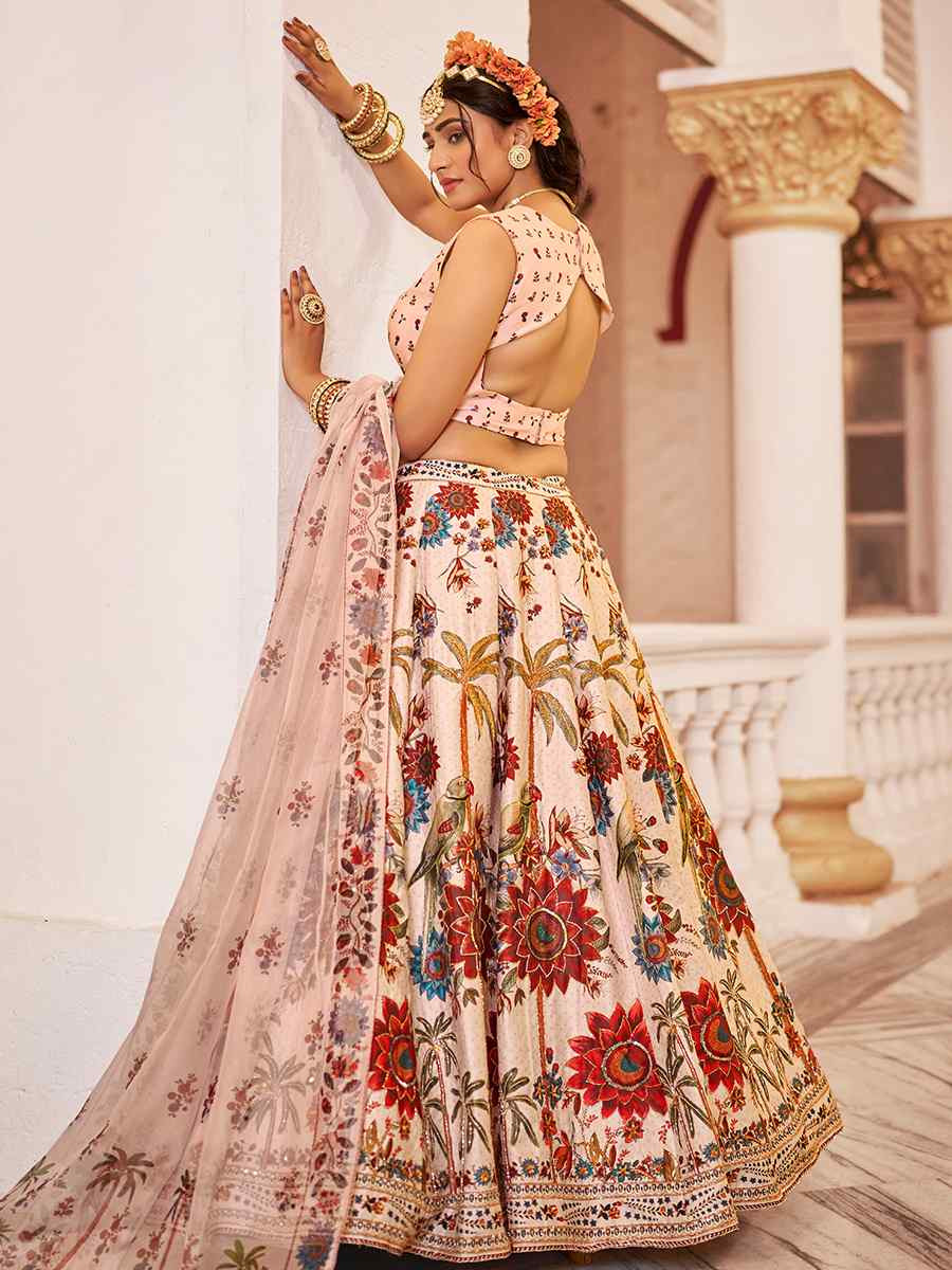 Off-White Art Silk Printed And Hand Embroidered Party Reception Wedding Lehenga Choli