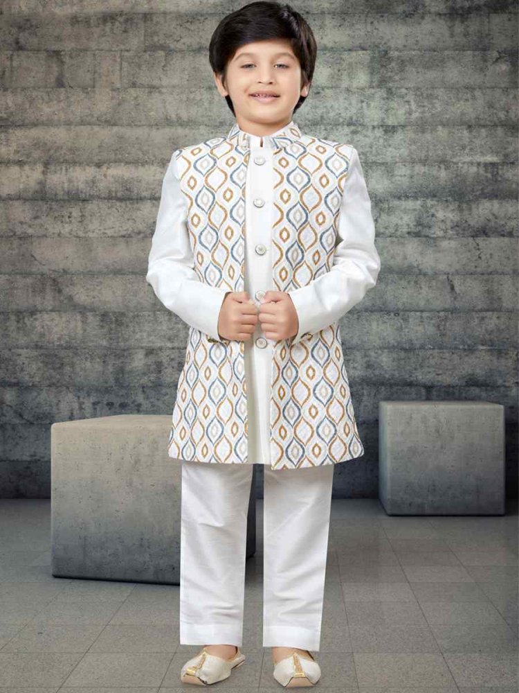 Off White Art Silk Printed Festival Traditional Kurta Pyjama Boys Wear