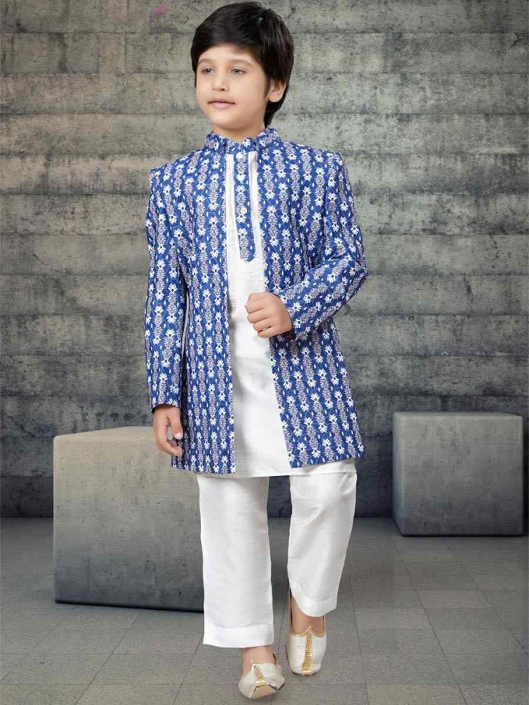 Off White Art Silk Printed Festival Traditional Kurta Pyjama Boys Wear