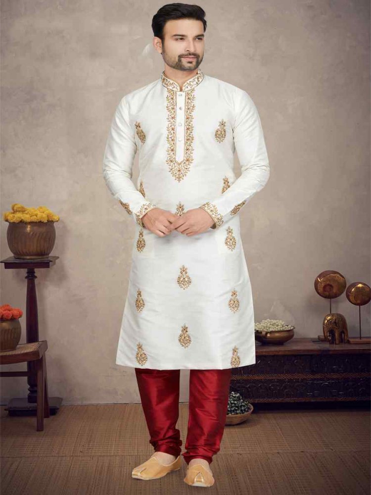 Off White Art Silk Woven Festival Mehendi Kurta