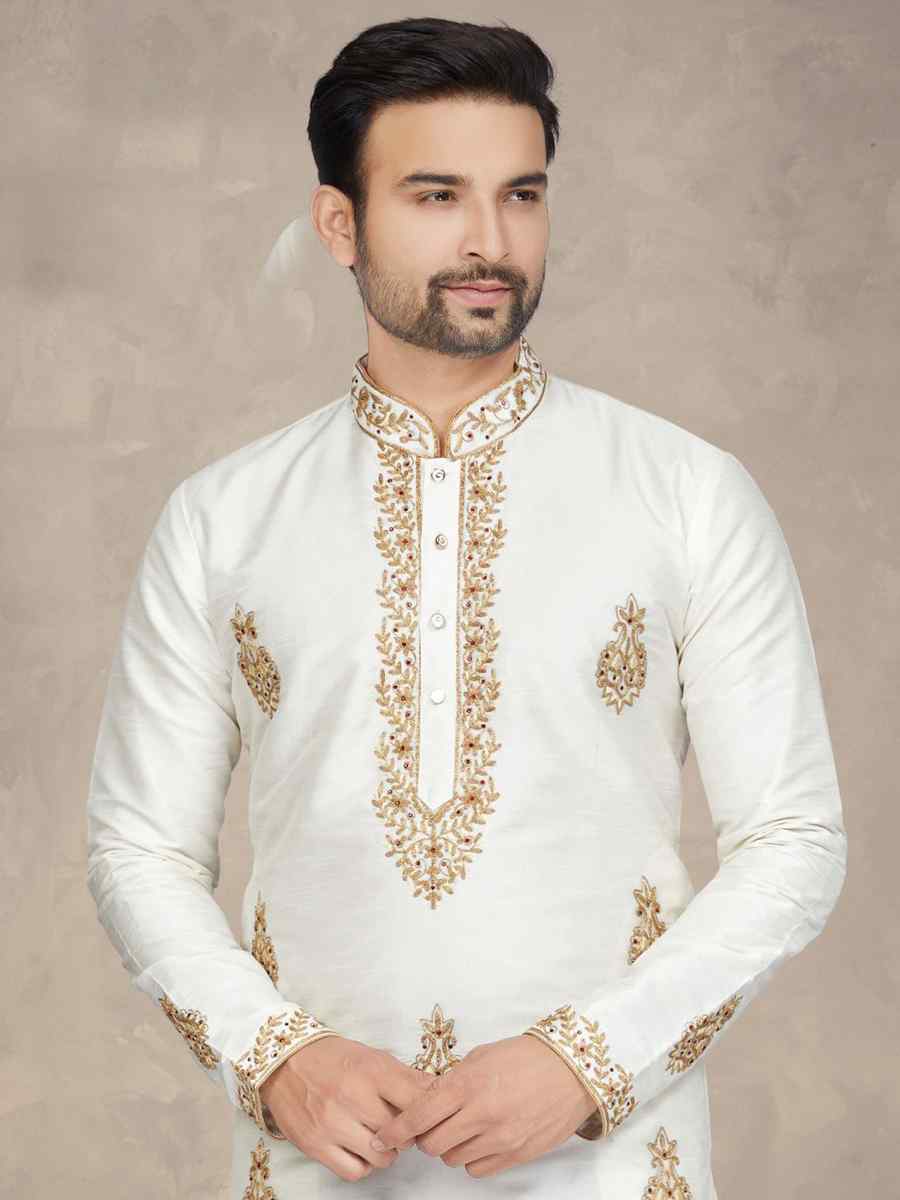 Off White Art Silk Woven Festival Mehendi Kurta