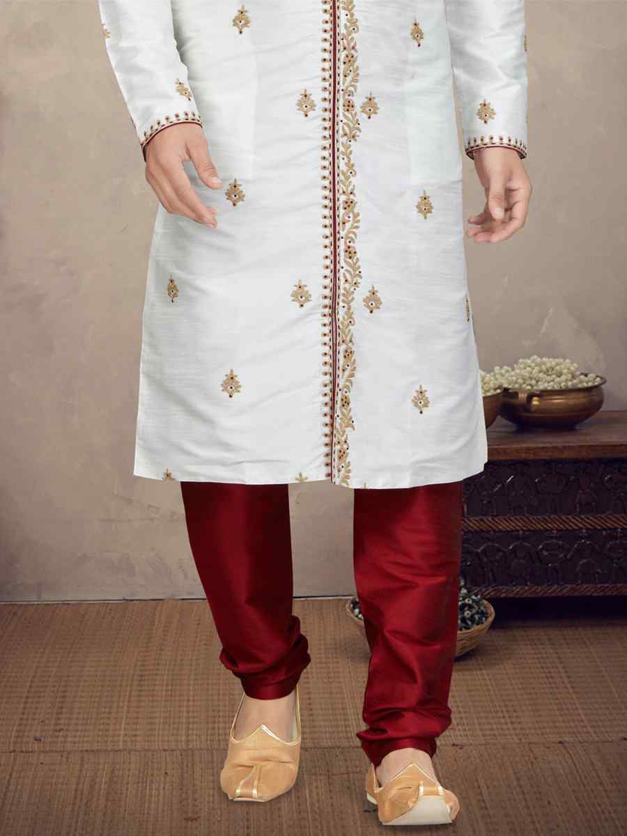 Off White Art Silk Woven Festival Mehendi Kurta