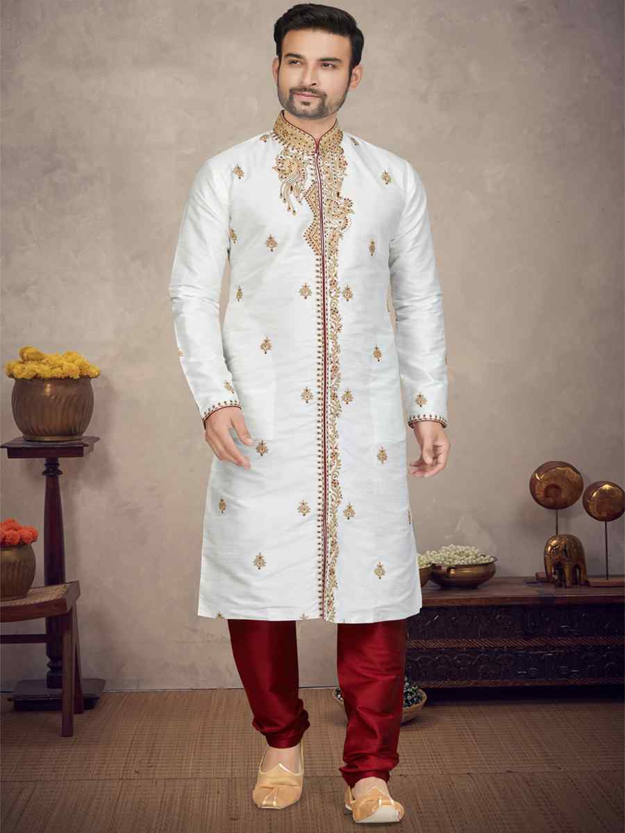 Off White Art Silk Woven Festival Mehendi Kurta