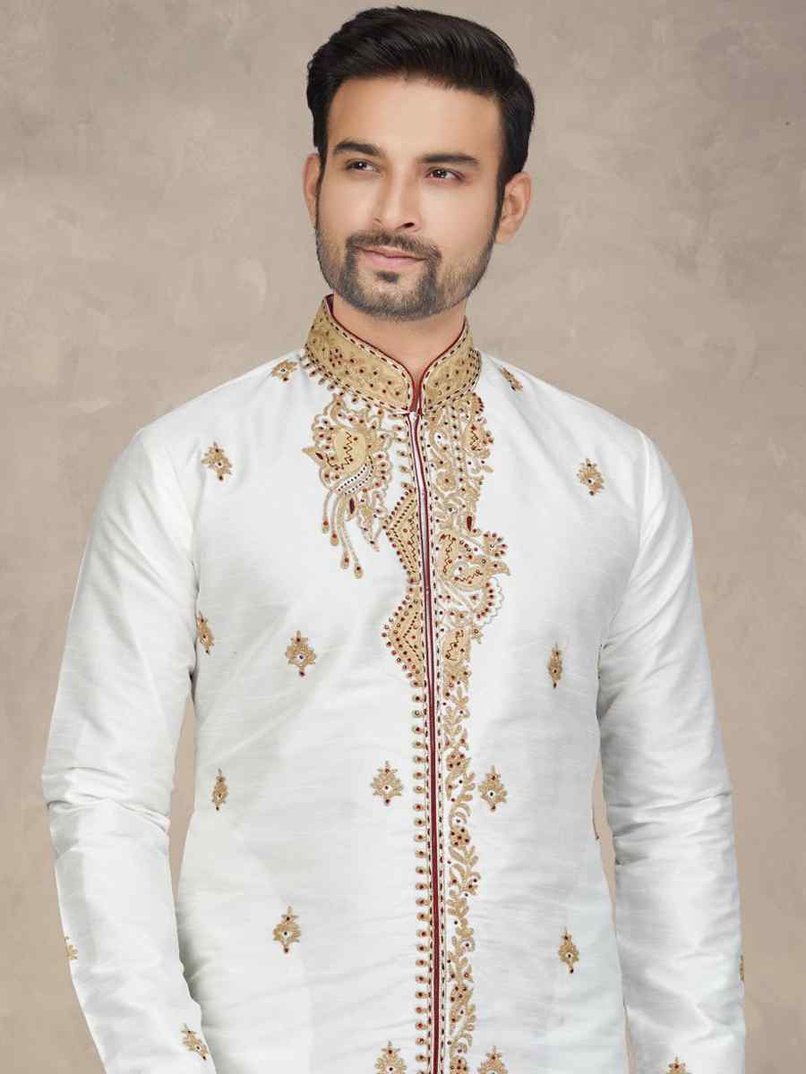 Off White Art Silk Woven Festival Mehendi Kurta