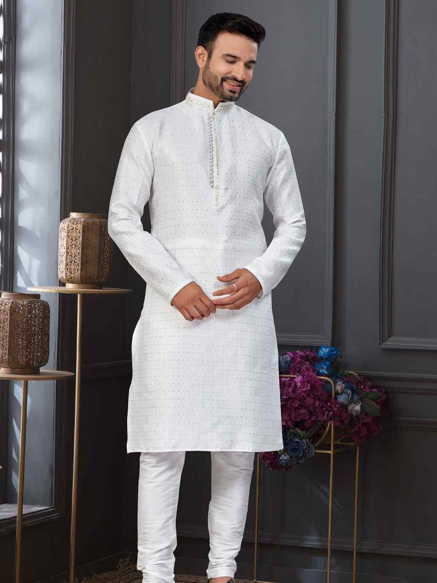 Off white Banarasi Jackard Embroidery Festival Wedding Party Mens Kurta