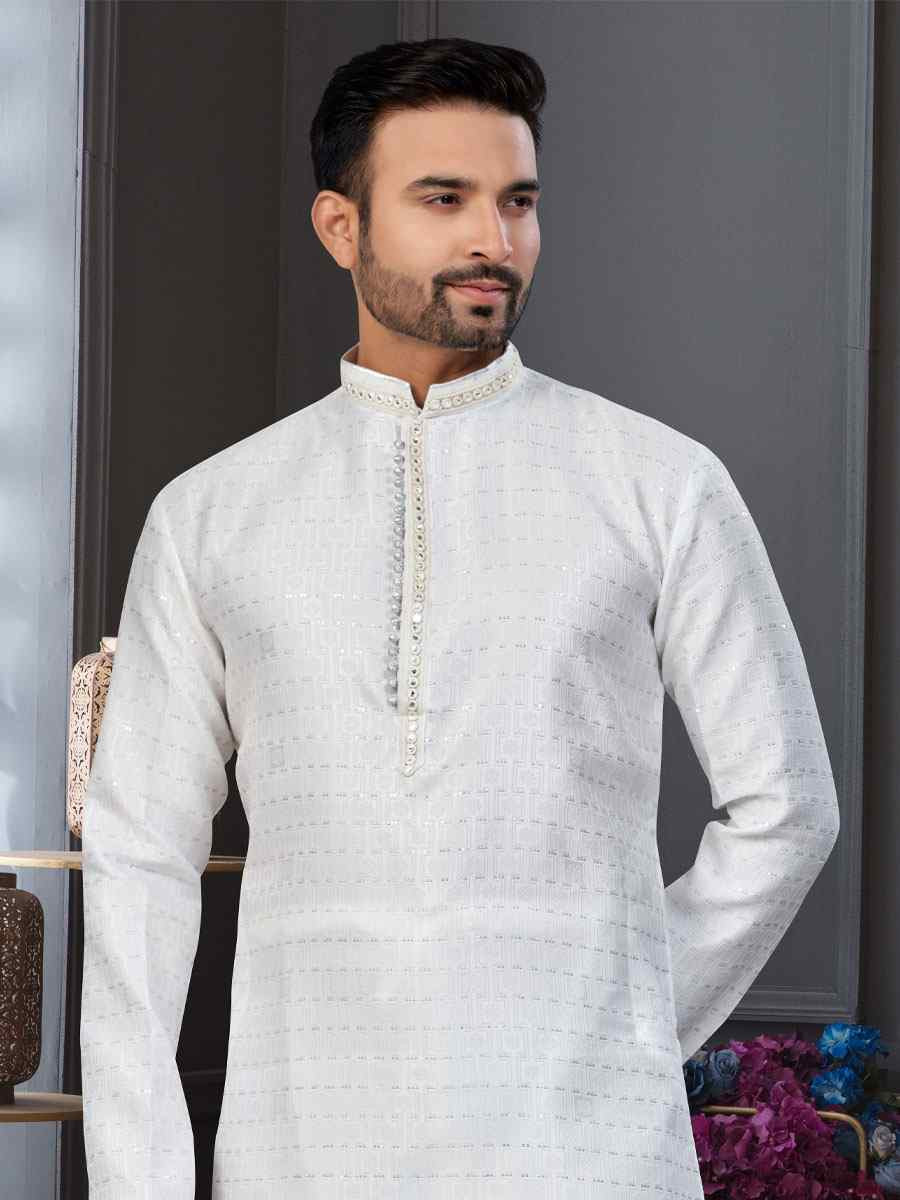 Off white Banarasi Jackard Embroidery Festival Wedding Party Mens Kurta