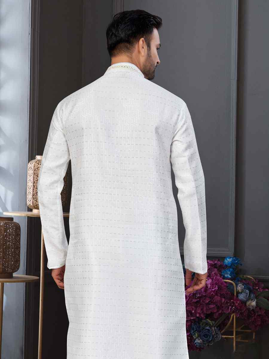 Off white Banarasi Jackard Embroidery Festival Wedding Party Mens Kurta