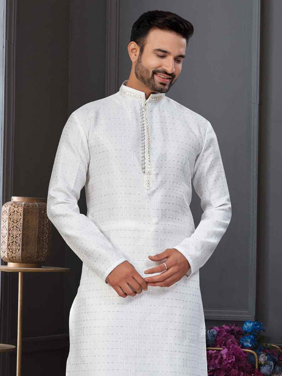 Off white Banarasi Jackard Embroidery Festival Wedding Party Mens Kurta