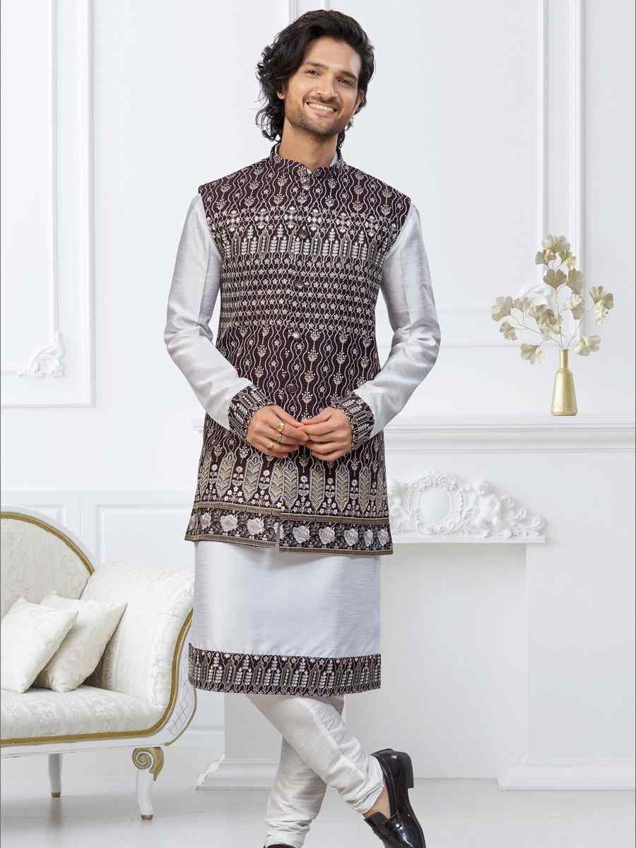 Off white Banarasi Jackard Embroidery Festival Wedding Party Mens Kurta with Jacket