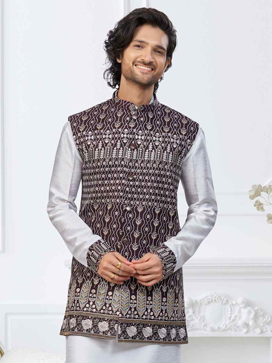 Off white Banarasi Jackard Embroidery Festival Wedding Party Mens Kurta with Jacket