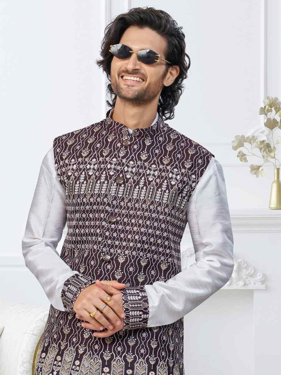 Off white Banarasi Jackard Embroidery Festival Wedding Party Mens Kurta with Jacket