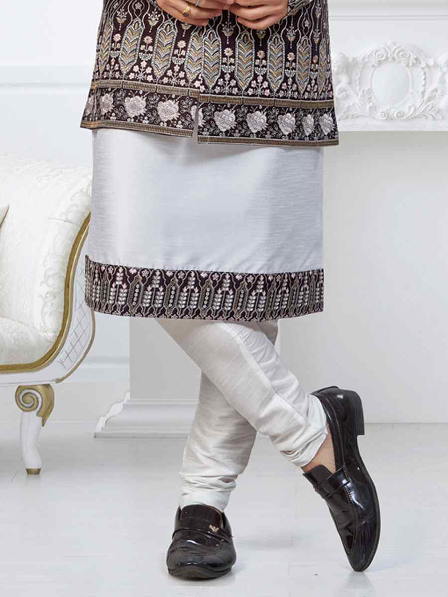 Off white Banarasi Jackard Embroidery Festival Wedding Party Mens Kurta with Jacket