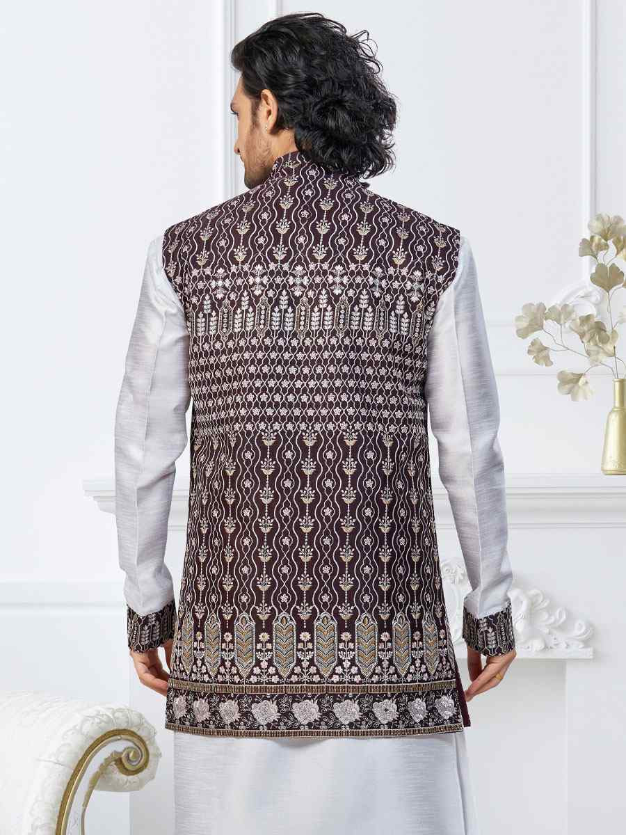 Off white Banarasi Jackard Embroidery Festival Wedding Party Mens Kurta with Jacket