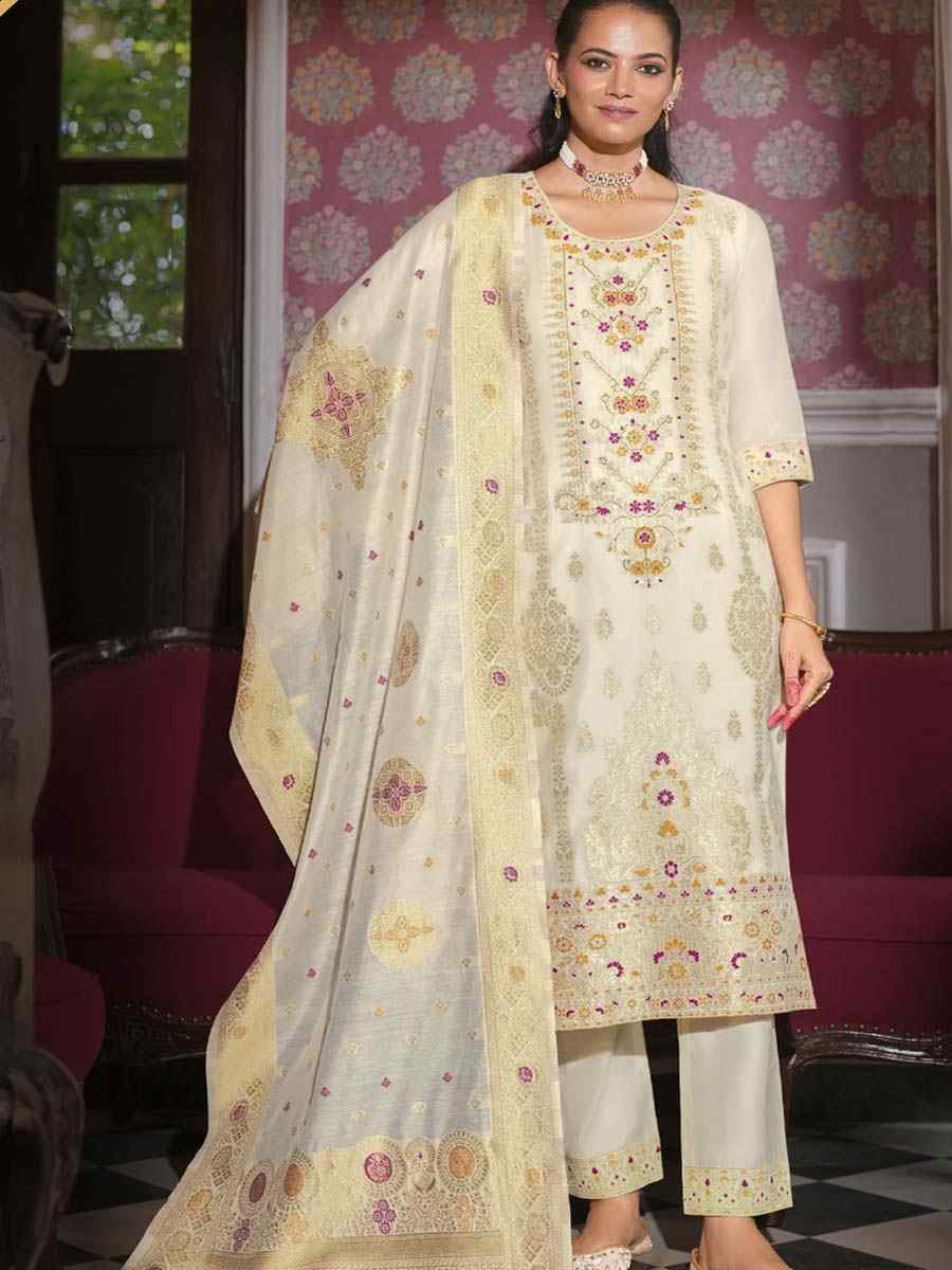 Off-White Banarasi Jacquard Silk Embroidered Festival Mehendi Ready Pant Salwar Kameez