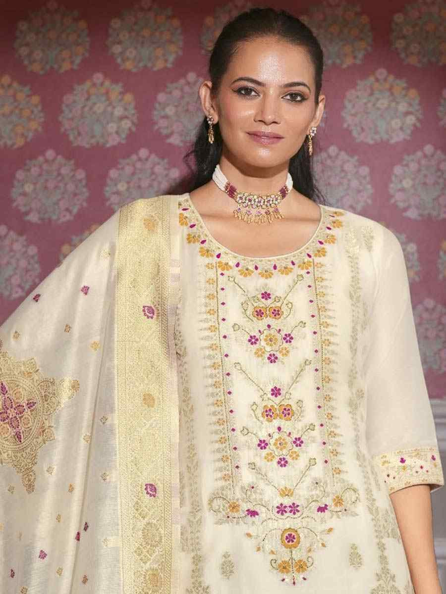 Off-White Banarasi Jacquard Silk Embroidered Festival Mehendi Ready Pant Salwar Kameez