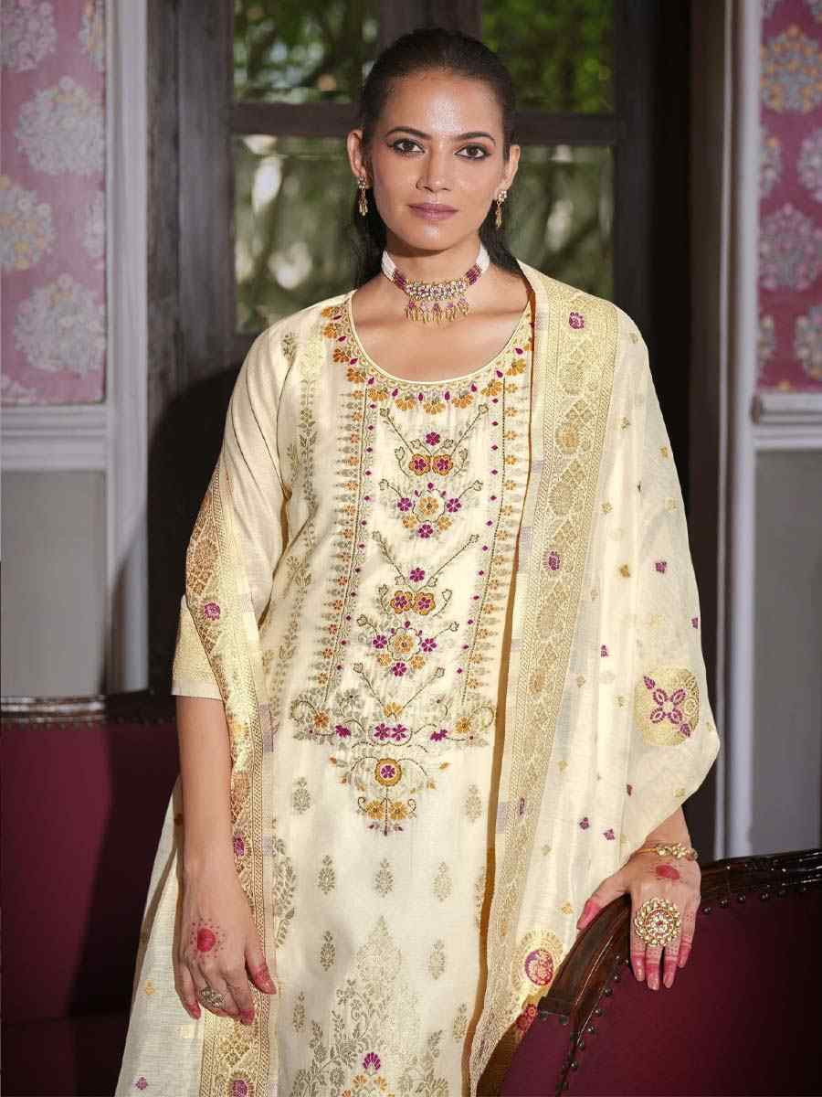 Off-White Banarasi Jacquard Silk Embroidered Festival Mehendi Ready Pant Salwar Kameez