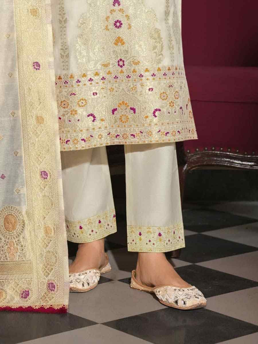 Off-White Banarasi Jacquard Silk Embroidered Festival Mehendi Ready Pant Salwar Kameez