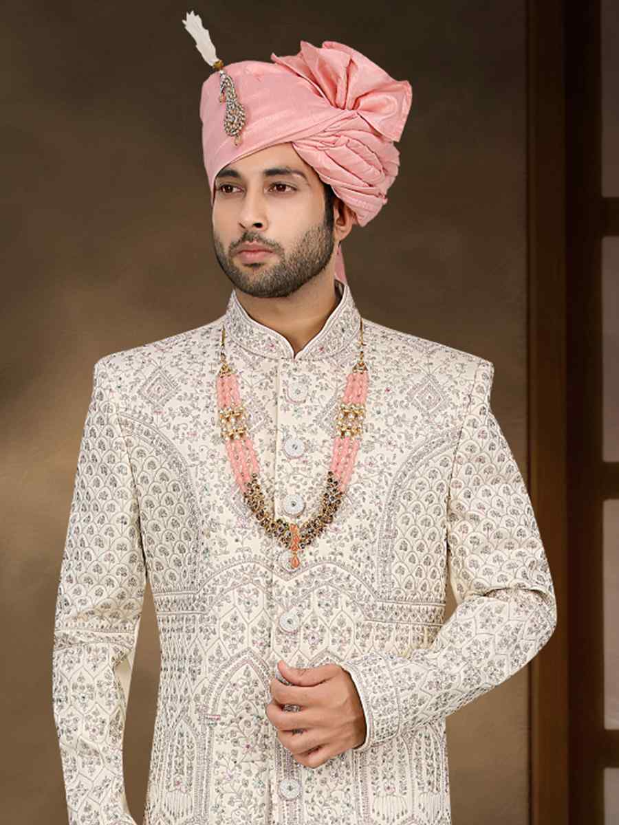 Off White Banarasi Jacquard Woven Groom Wedding Sherwani