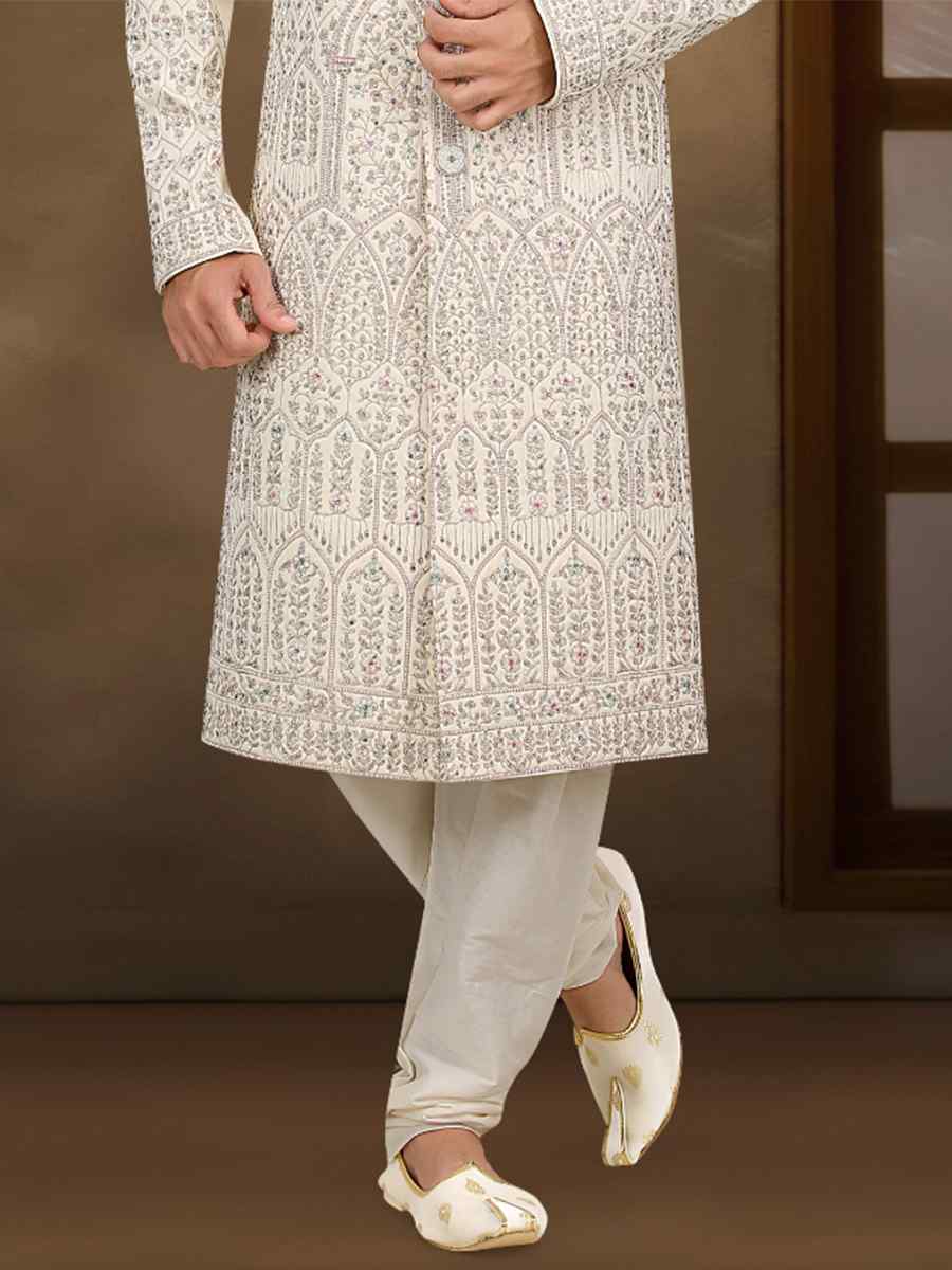 Off White Banarasi Jacquard Woven Groom Wedding Sherwani