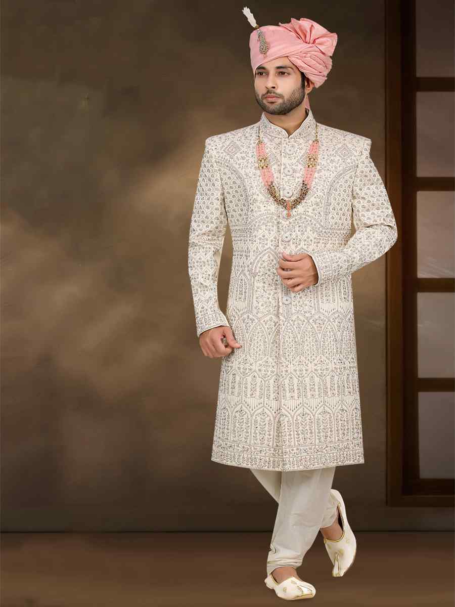 Off White Banarasi Jacquard Woven Groom Wedding Sherwani