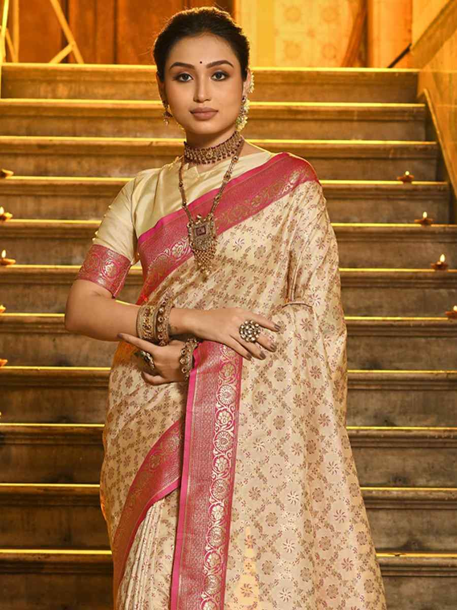 Off-White Banarasi Silk Handwoven Festival Wedding Fancy Heavy Border Saree