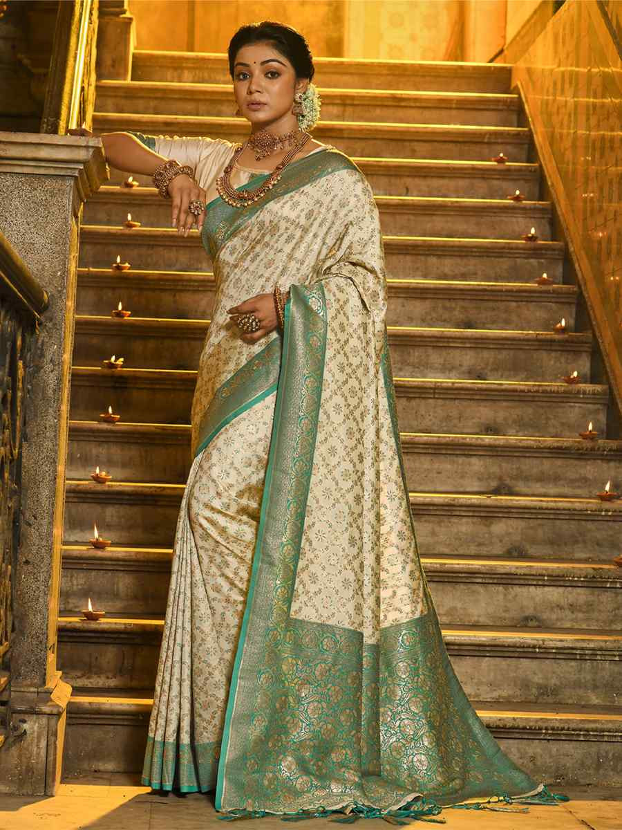 Off-White Banarasi Silk Handwoven Festival Wedding Fancy Heavy Border Saree