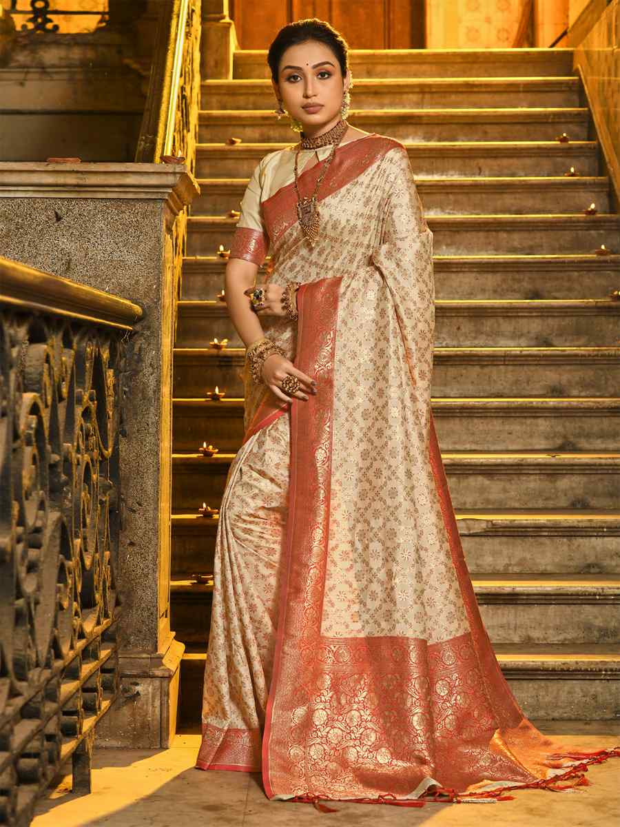 Off-White Banarasi Silk Handwoven Festival Wedding Fancy Heavy Border Saree
