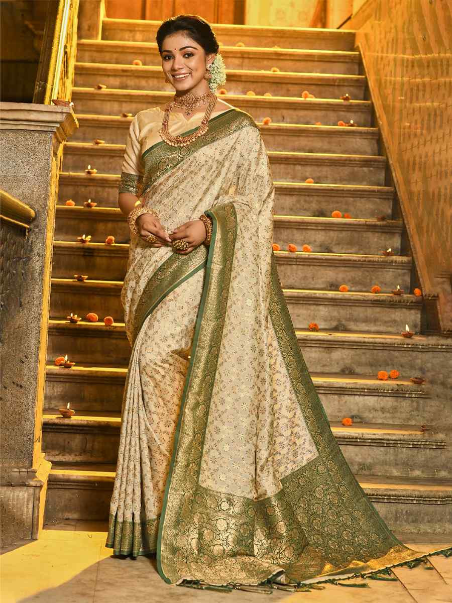 Off-White Banarasi Silk Handwoven Festival Wedding Fancy Heavy Border Saree