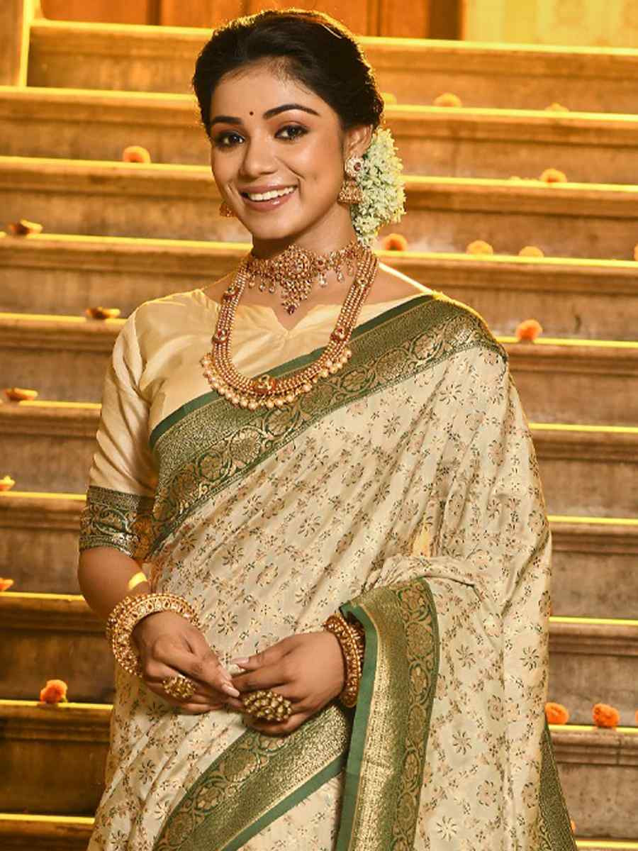 Off-White Banarasi Silk Handwoven Festival Wedding Fancy Heavy Border Saree