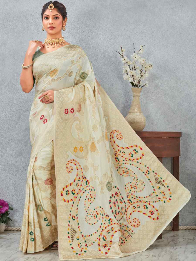 Image of Off White Banarasi Silk Handwoven Traditional Casual Reception Festival Wedding Fancy Heavy Border Saree