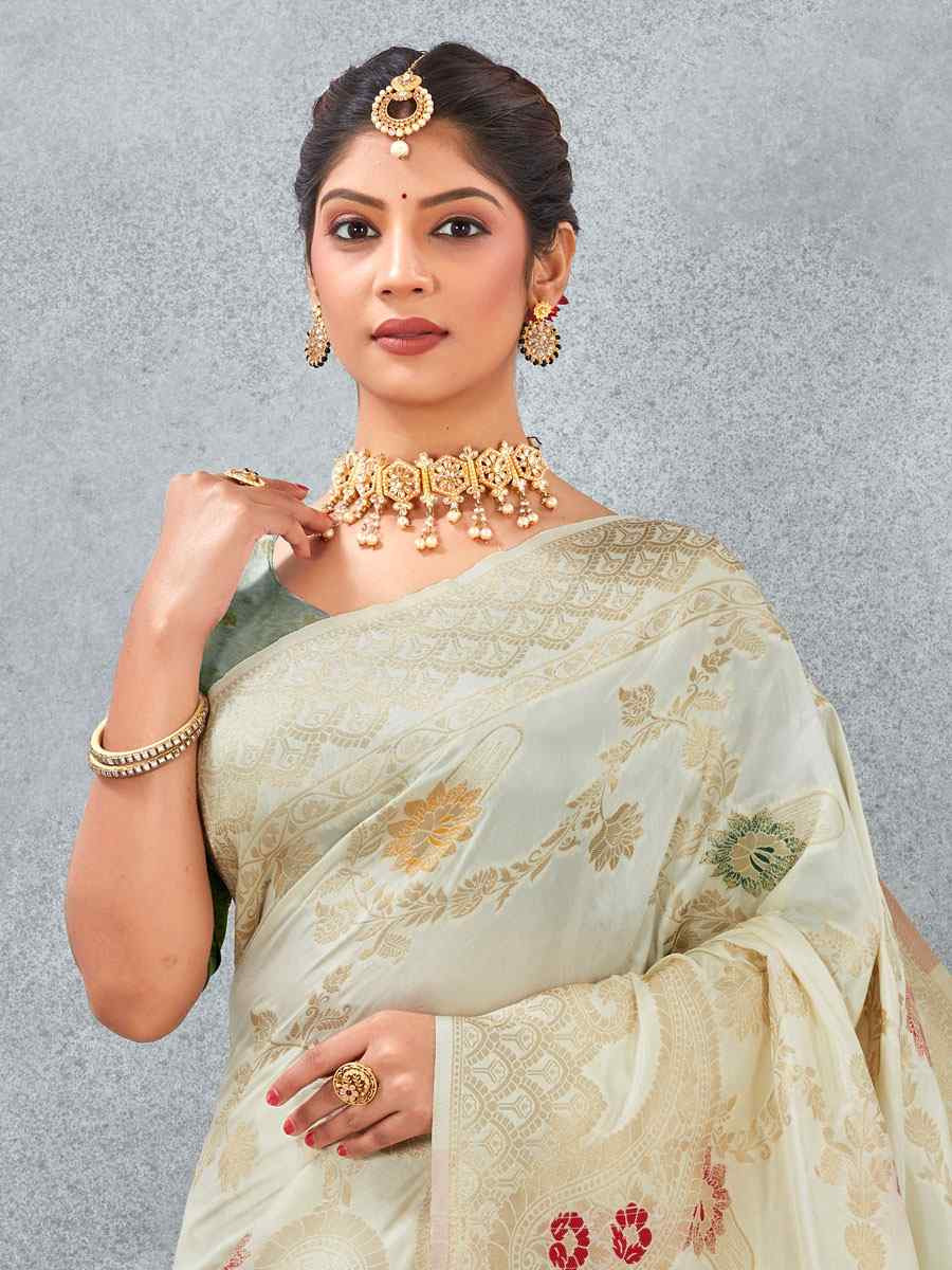 Off White Banarasi Silk Handwoven Traditional Casual Reception Festival Wedding Fancy Heavy Border Saree