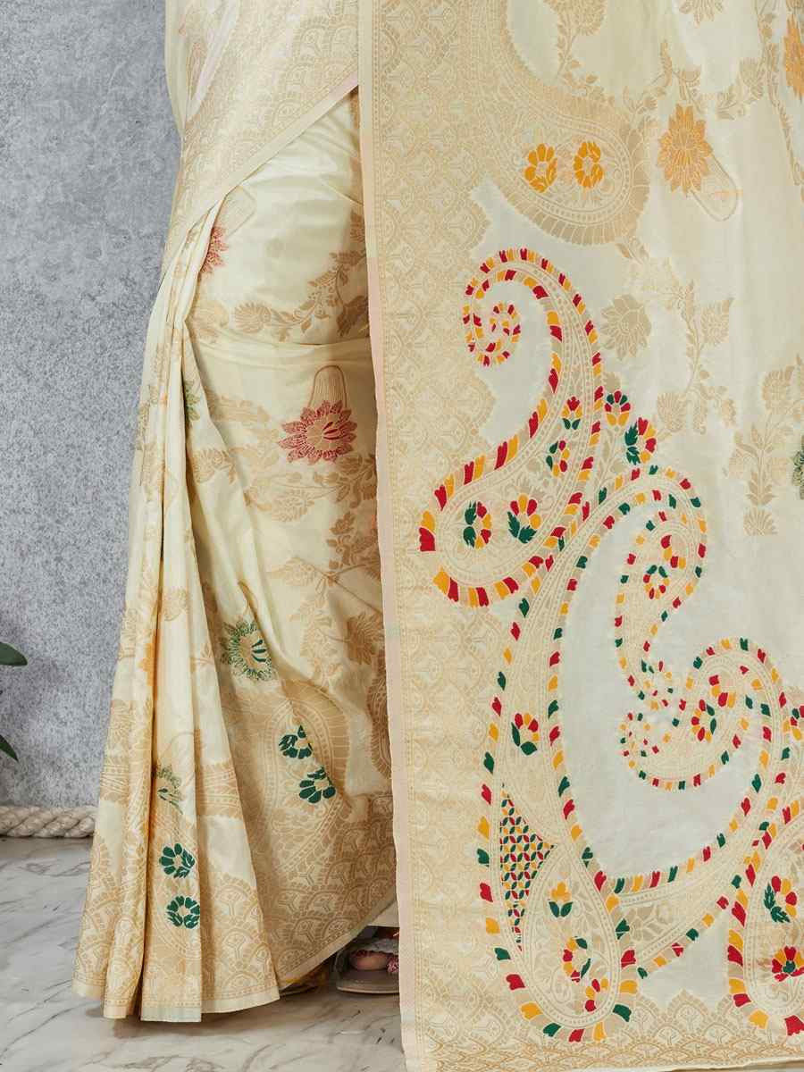 Off White Banarasi Silk Handwoven Traditional Casual Reception Festival Wedding Fancy Heavy Border Saree