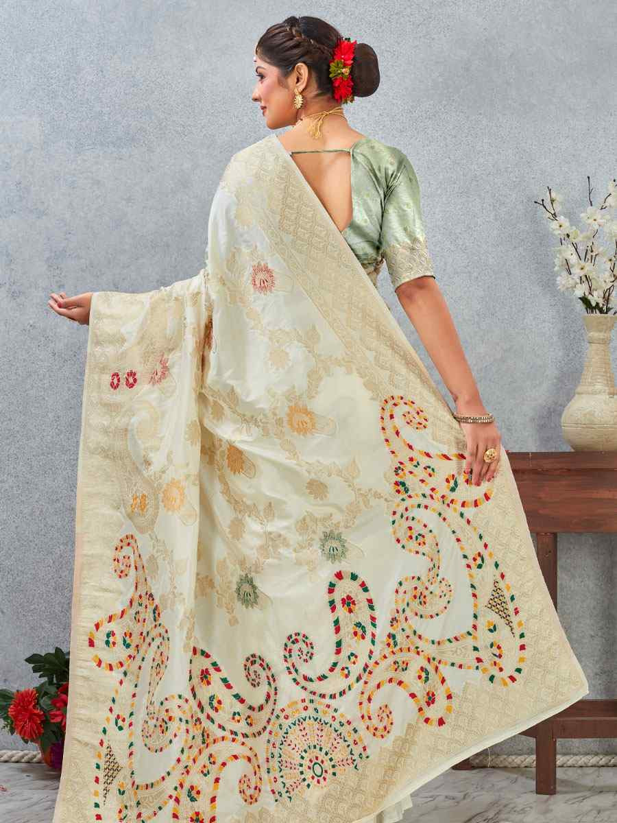 Off White Banarasi Silk Handwoven Traditional Casual Reception Festival Wedding Fancy Heavy Border Saree