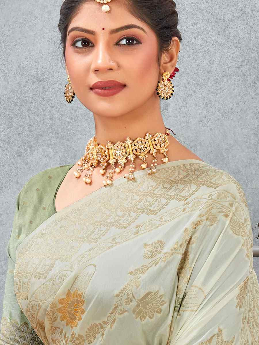 Off White Banarasi Silk Handwoven Traditional Casual Reception Festival Wedding Fancy Heavy Border Saree