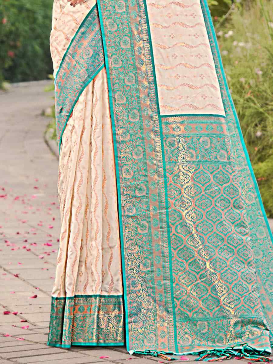 Off White Banarasi Silk Handwoven Wedding Festival Heavy Border Saree