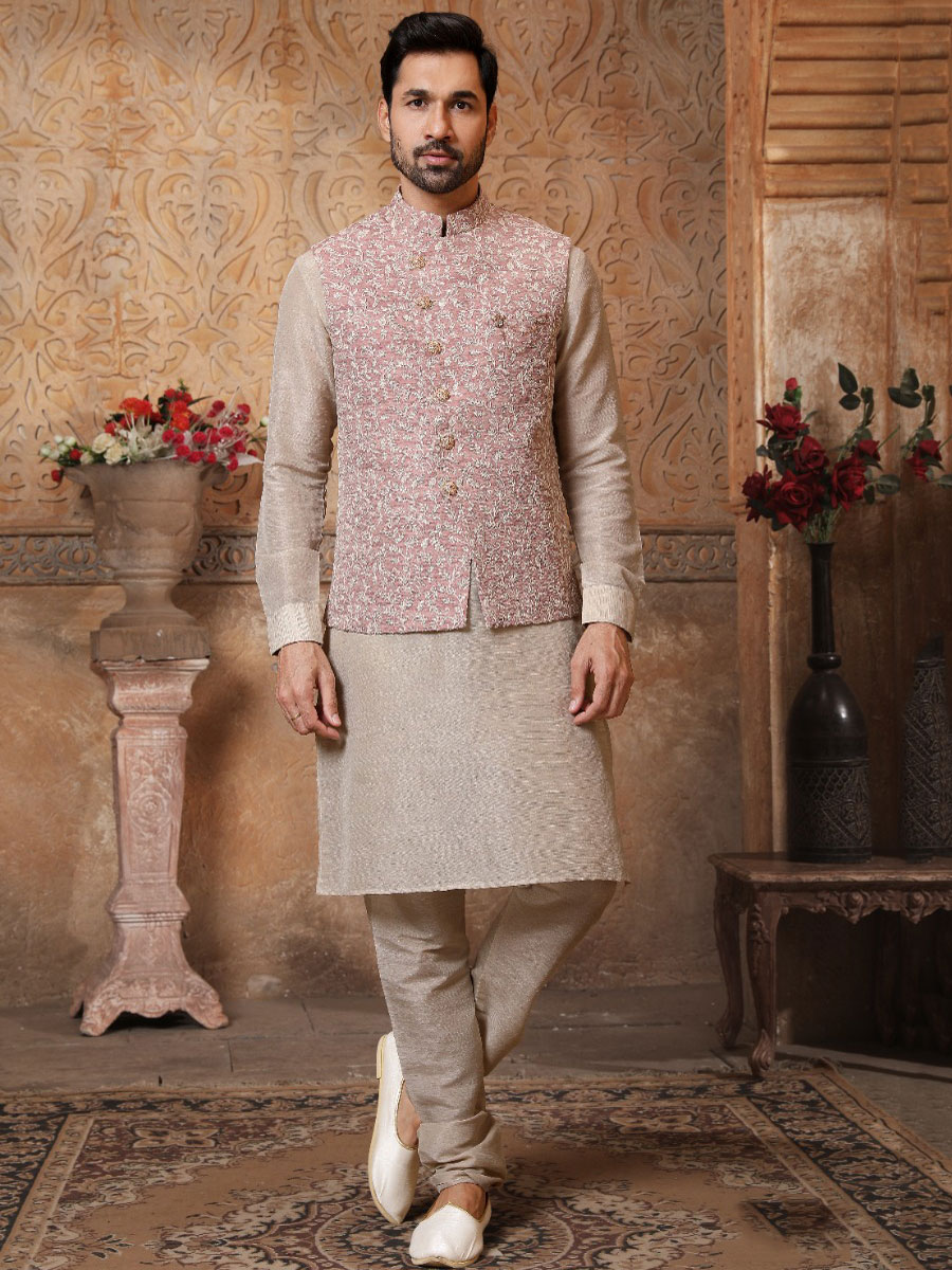 Off-white Banarasi Silk Wedding And Festival Plain Kurta with Waistcoat